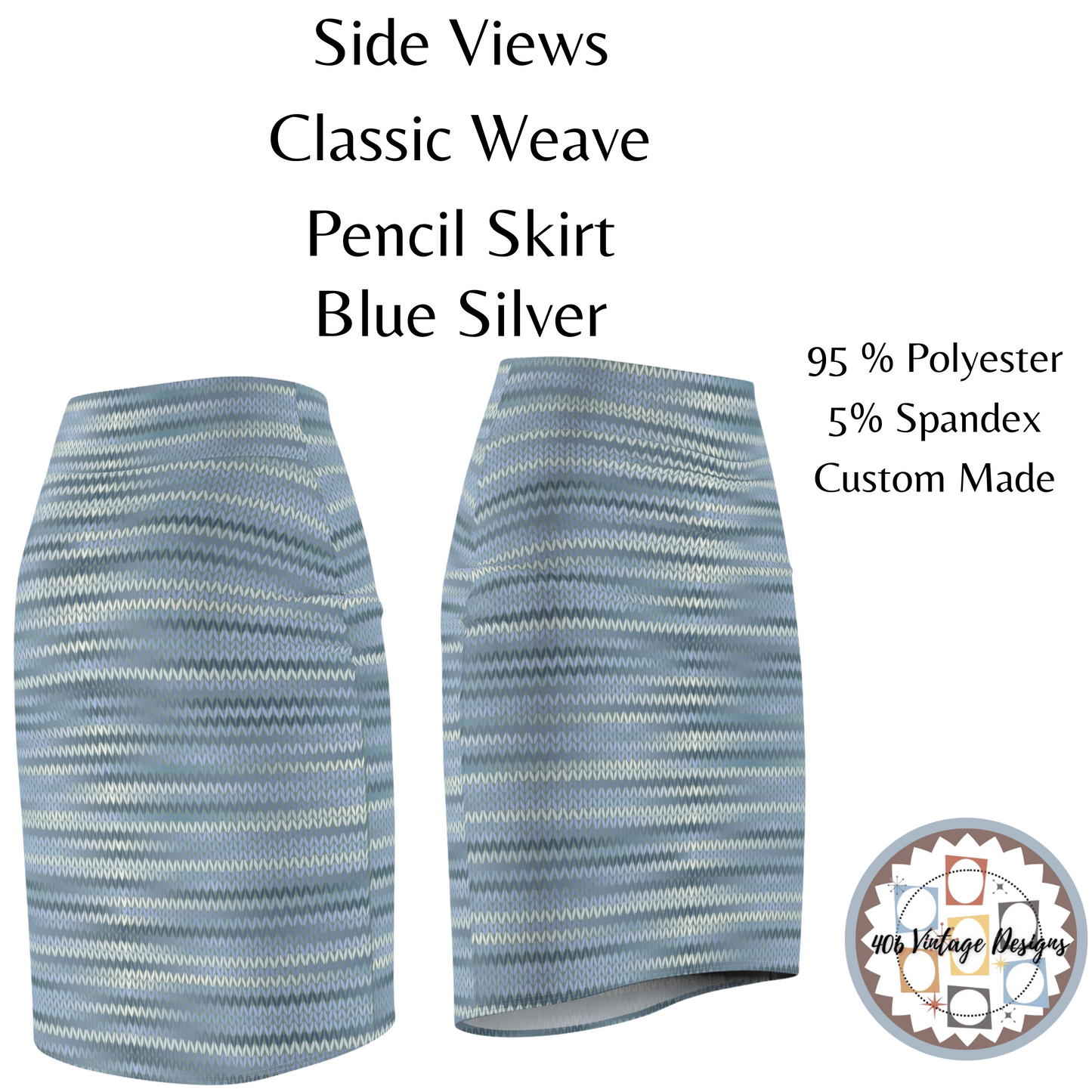 Vintage Retro Classic Blue Silver Weave Pencil Skirt
