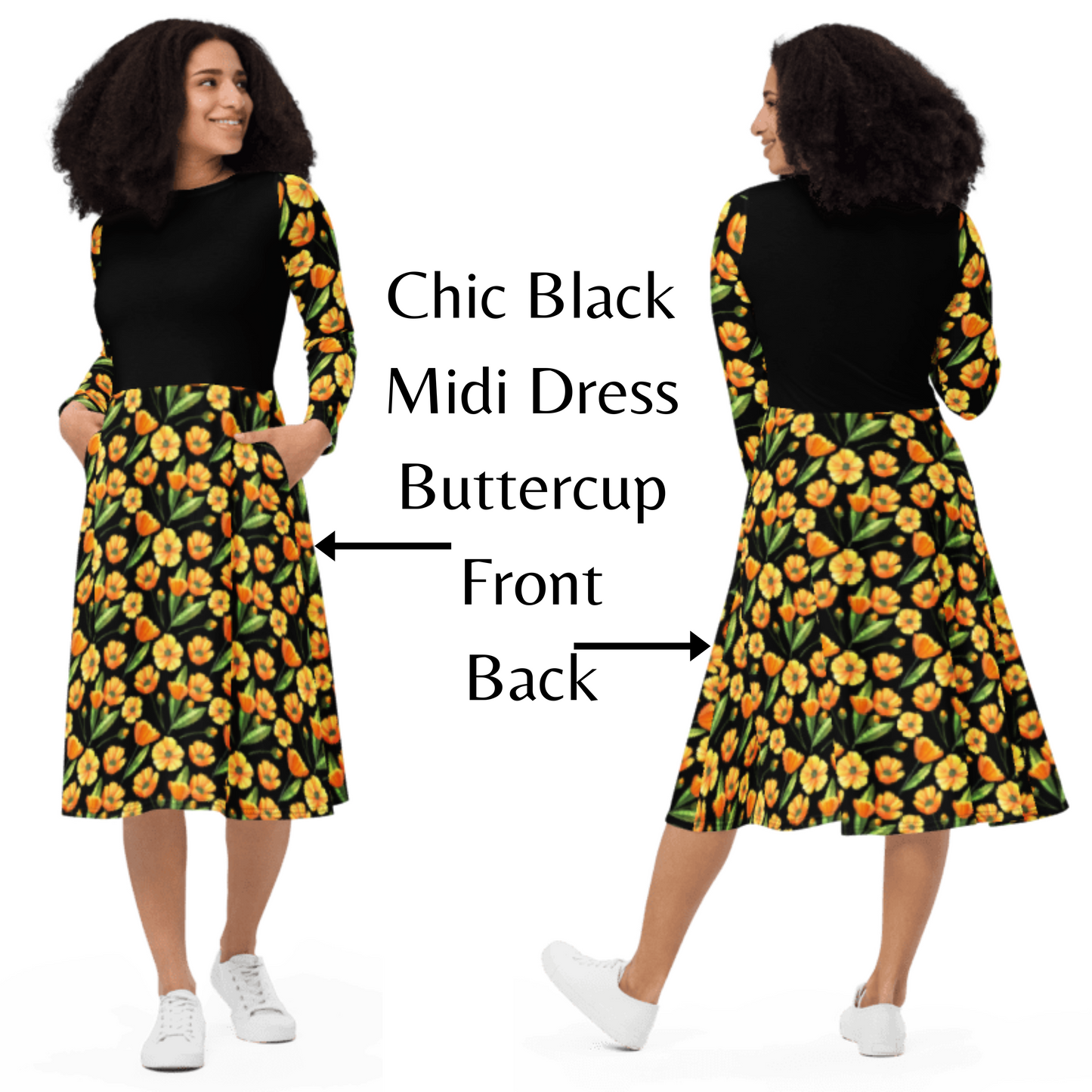Chic Black Midi Dress With Yellow Buttercup Print Long Sleeve