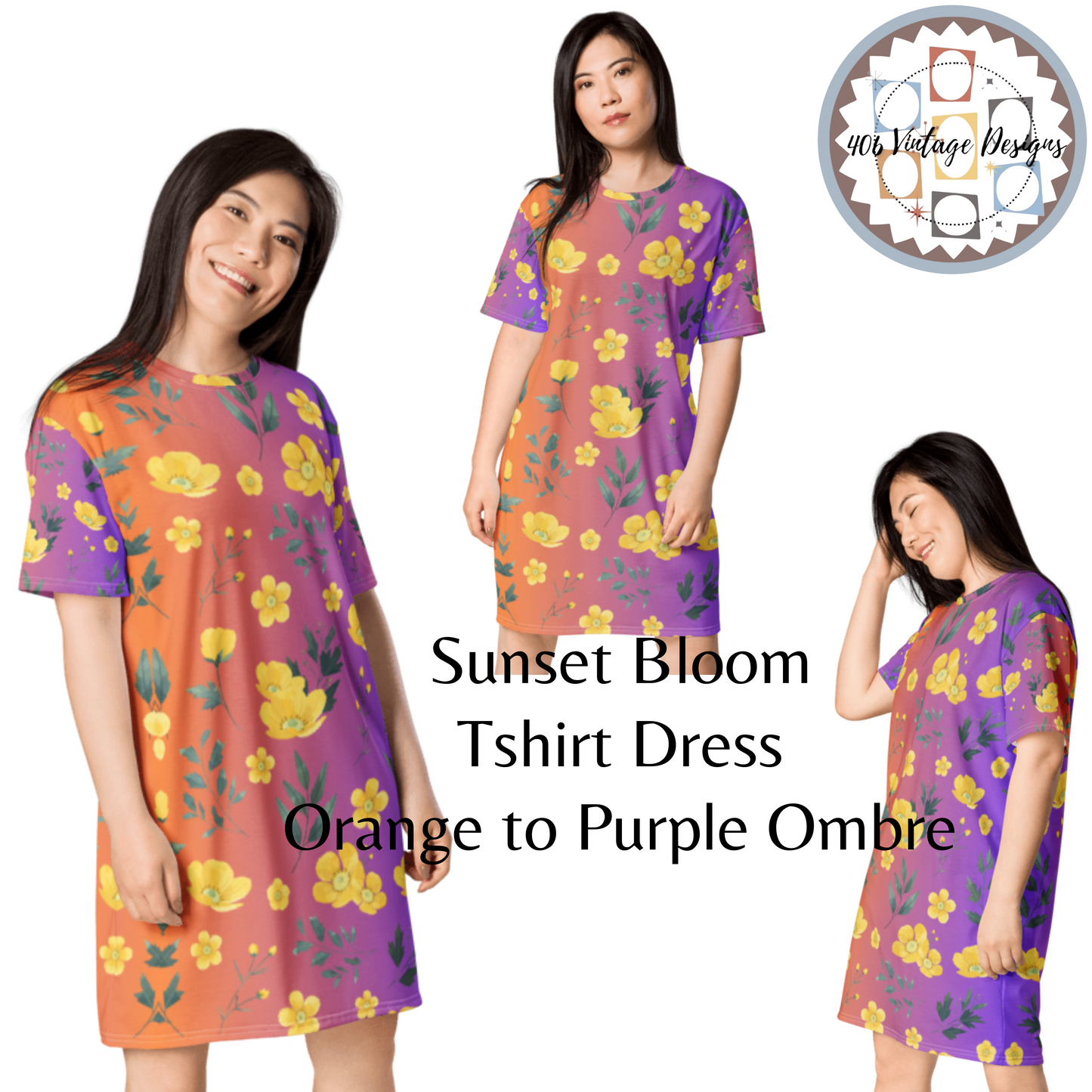 Sunset Bloom Orange To Purple Ombre Yellow Buttercup Flower T-Shirt Dress