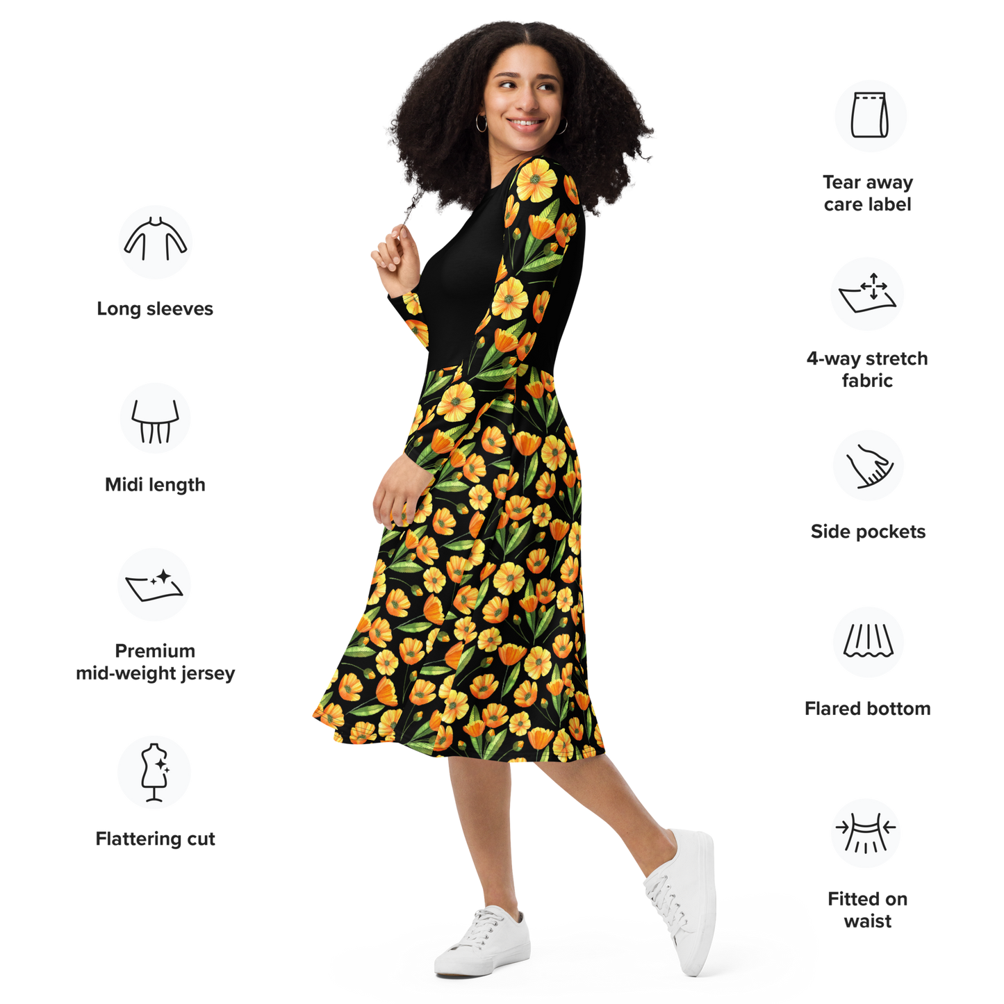 Chic Black Midi Dress With Yellow Buttercup Print Long Sleeve