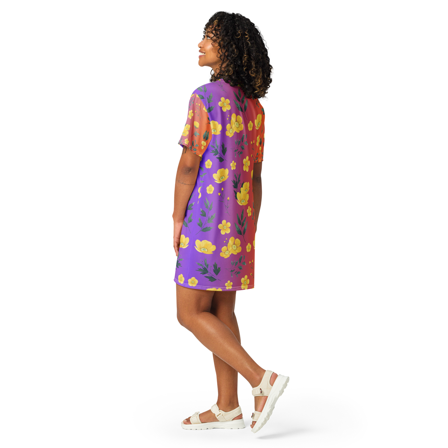Sunset Bloom Orange To Purple Ombre Yellow Buttercup Flower T-Shirt Dress