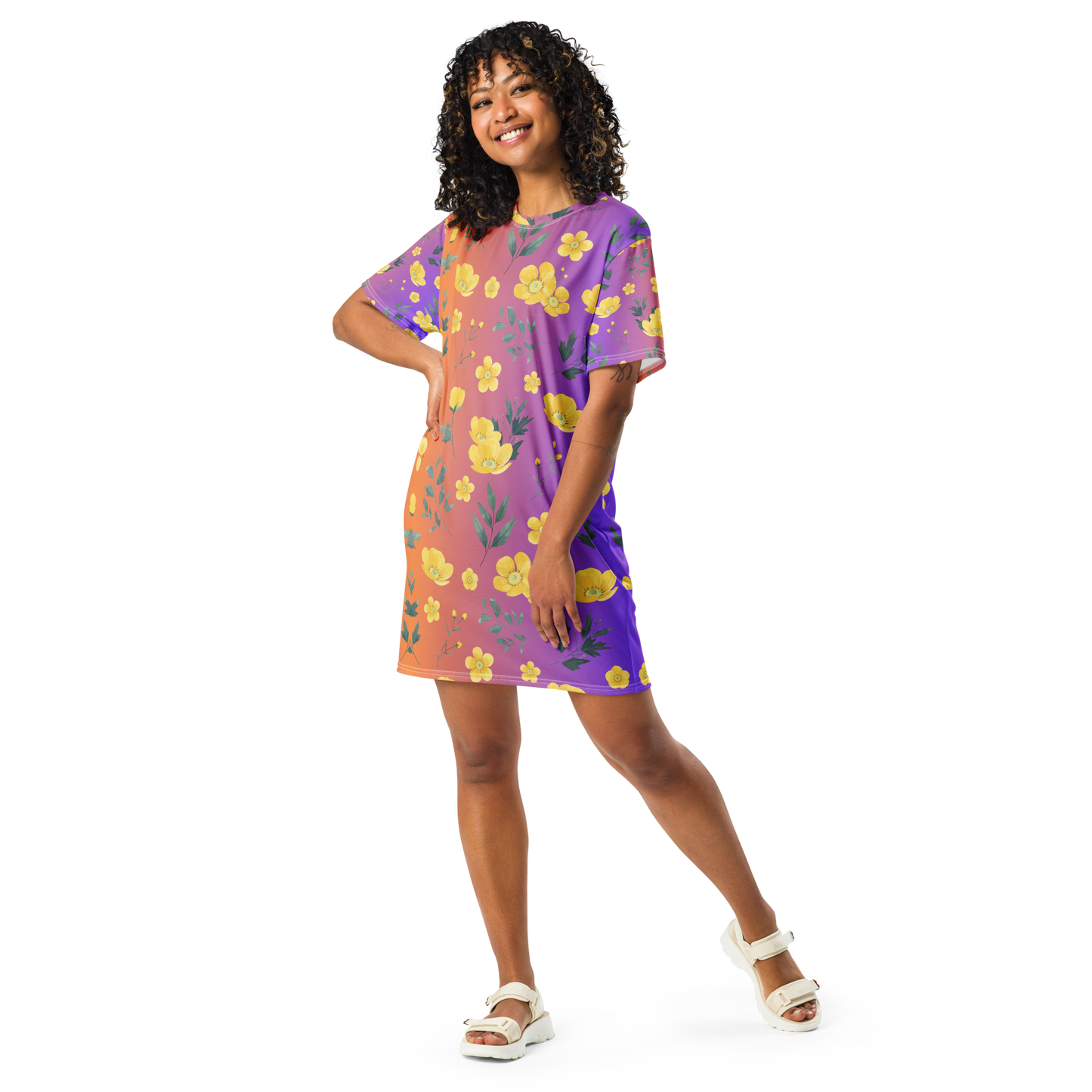 Sunset Bloom Orange To Purple Ombre Yellow Buttercup Flower T-Shirt Dress