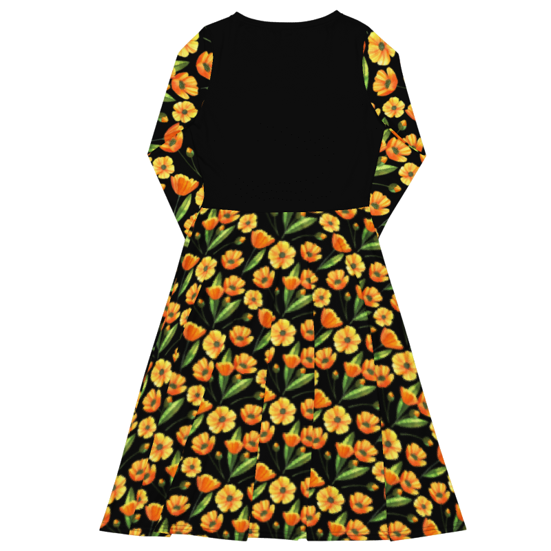 Chic Black Midi Dress With Yellow Buttercup Print Long Sleeve