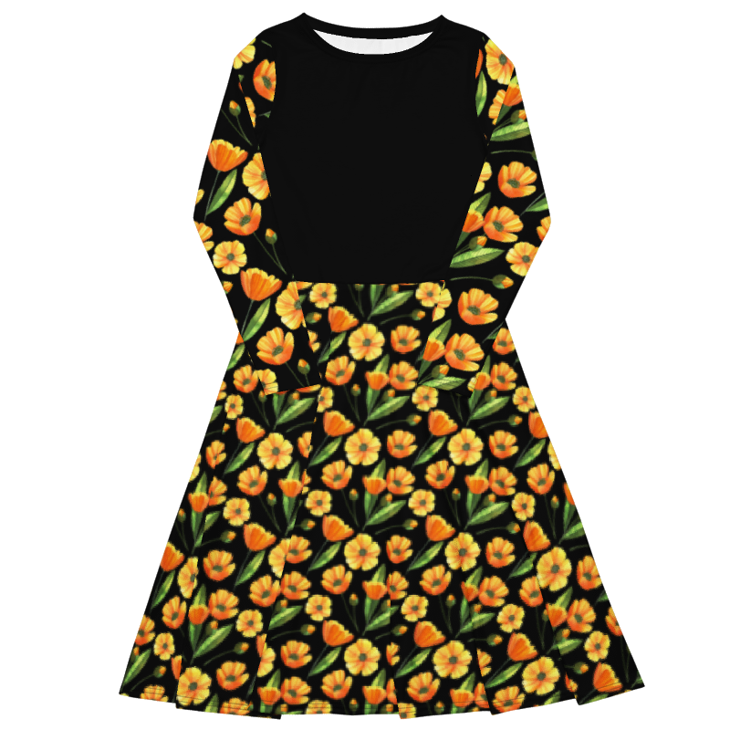 Chic Black Midi Dress With Yellow Buttercup Print Long Sleeve