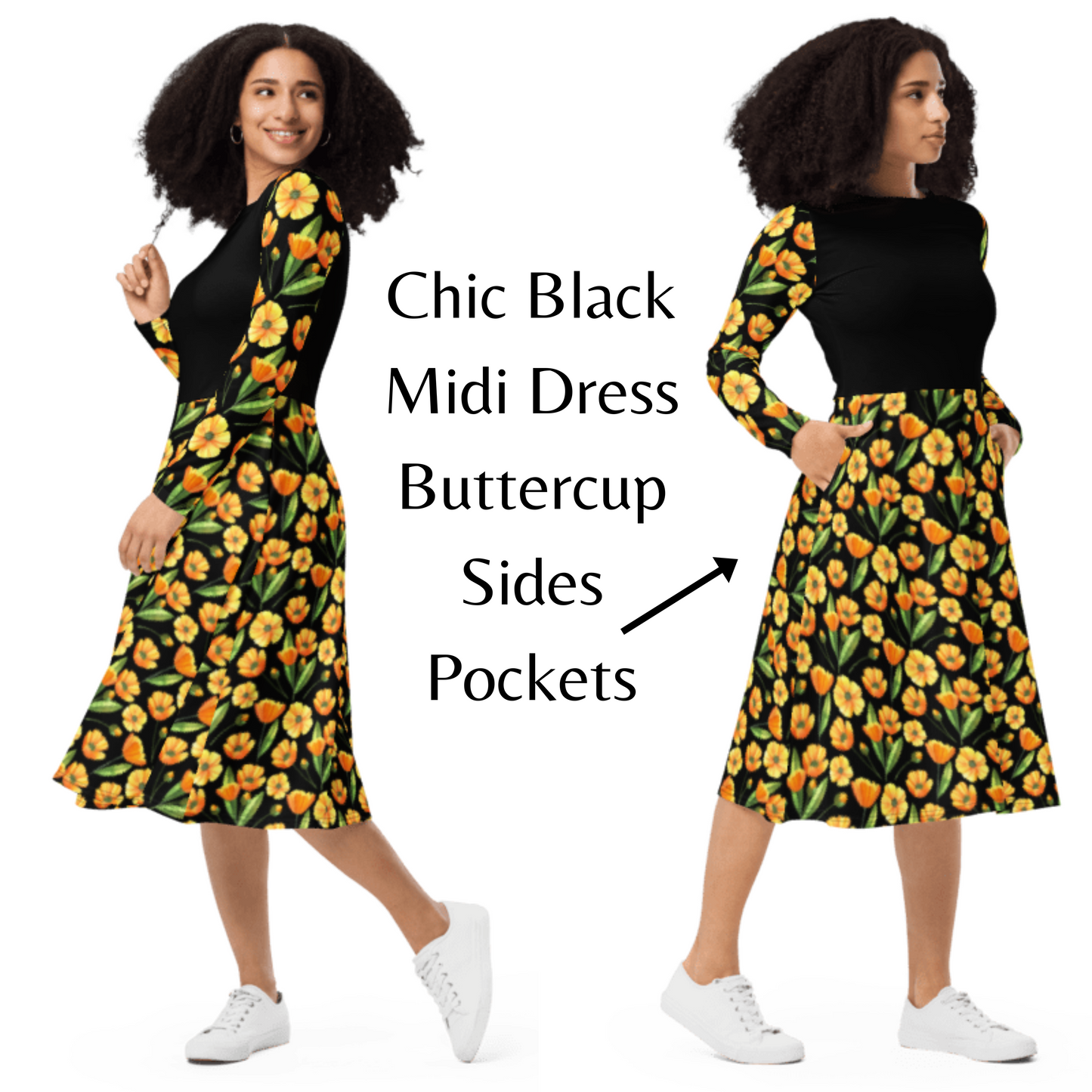 Chic Black Midi Dress With Yellow Buttercup Print Long Sleeve