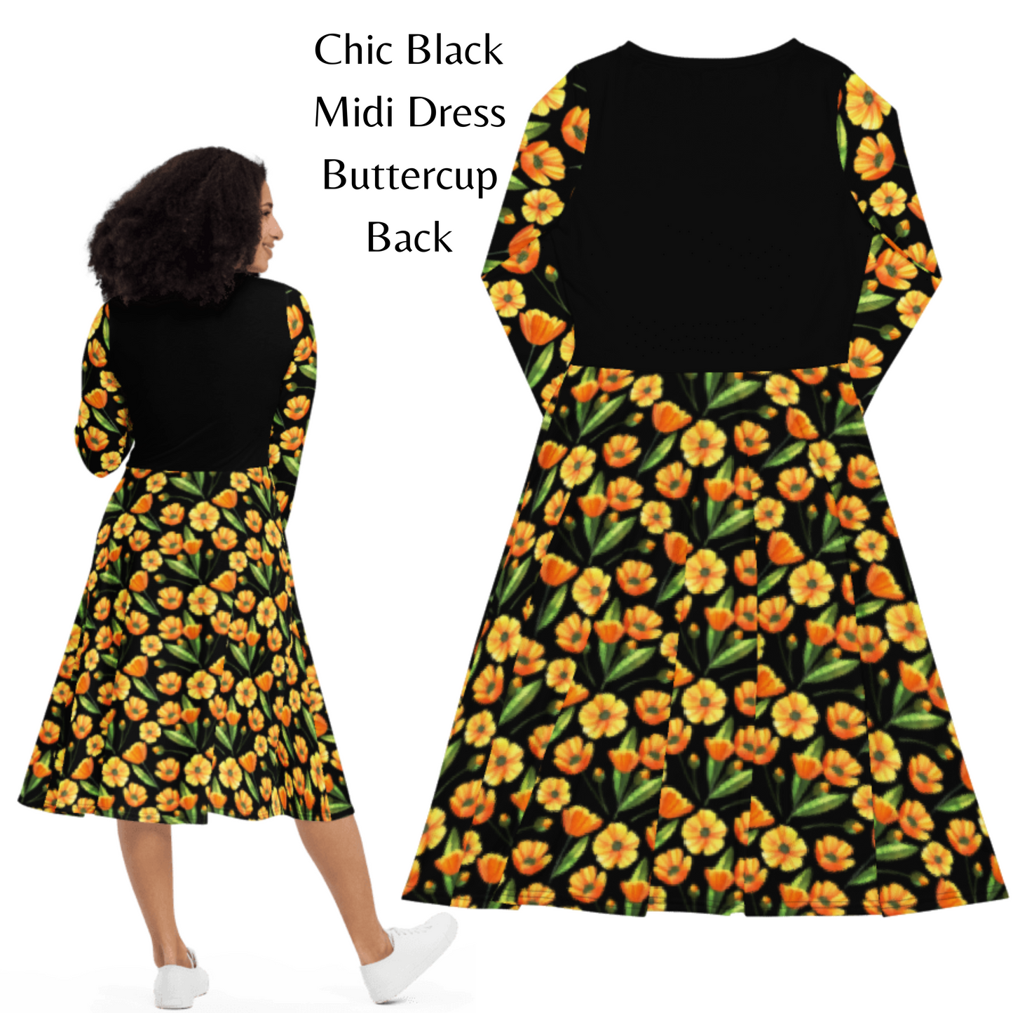Chic Black Midi Dress With Yellow Buttercup Print Long Sleeve