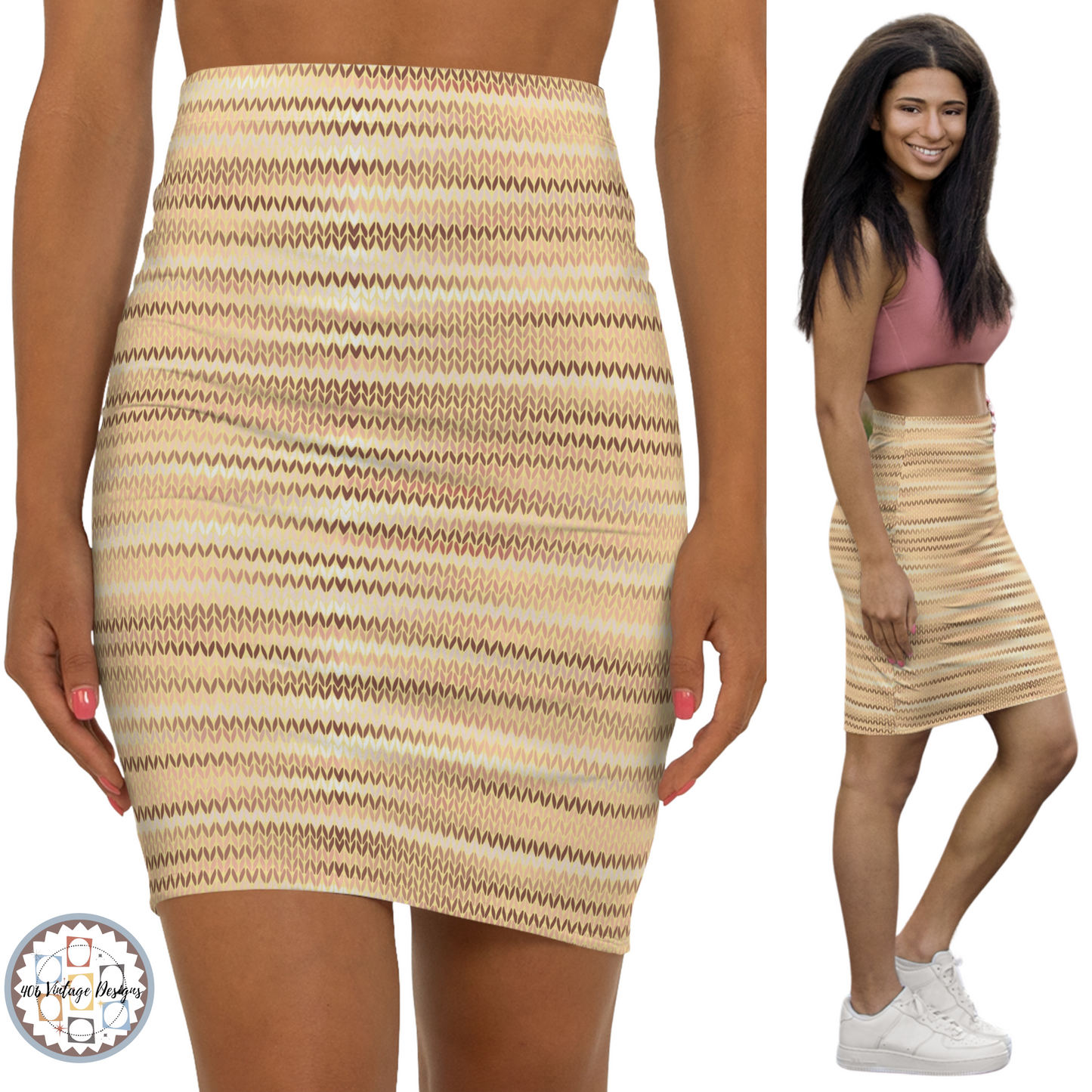 Vintage Retro Classic Mid-Waist Amber Brown Weave Pencil Skirt