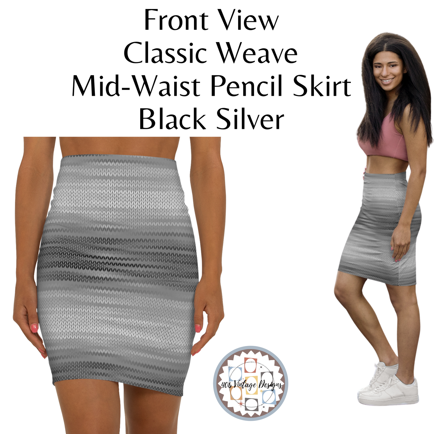 Vintage Retro Classic Mid-Waist Black Silver Weave Pencil Skirt