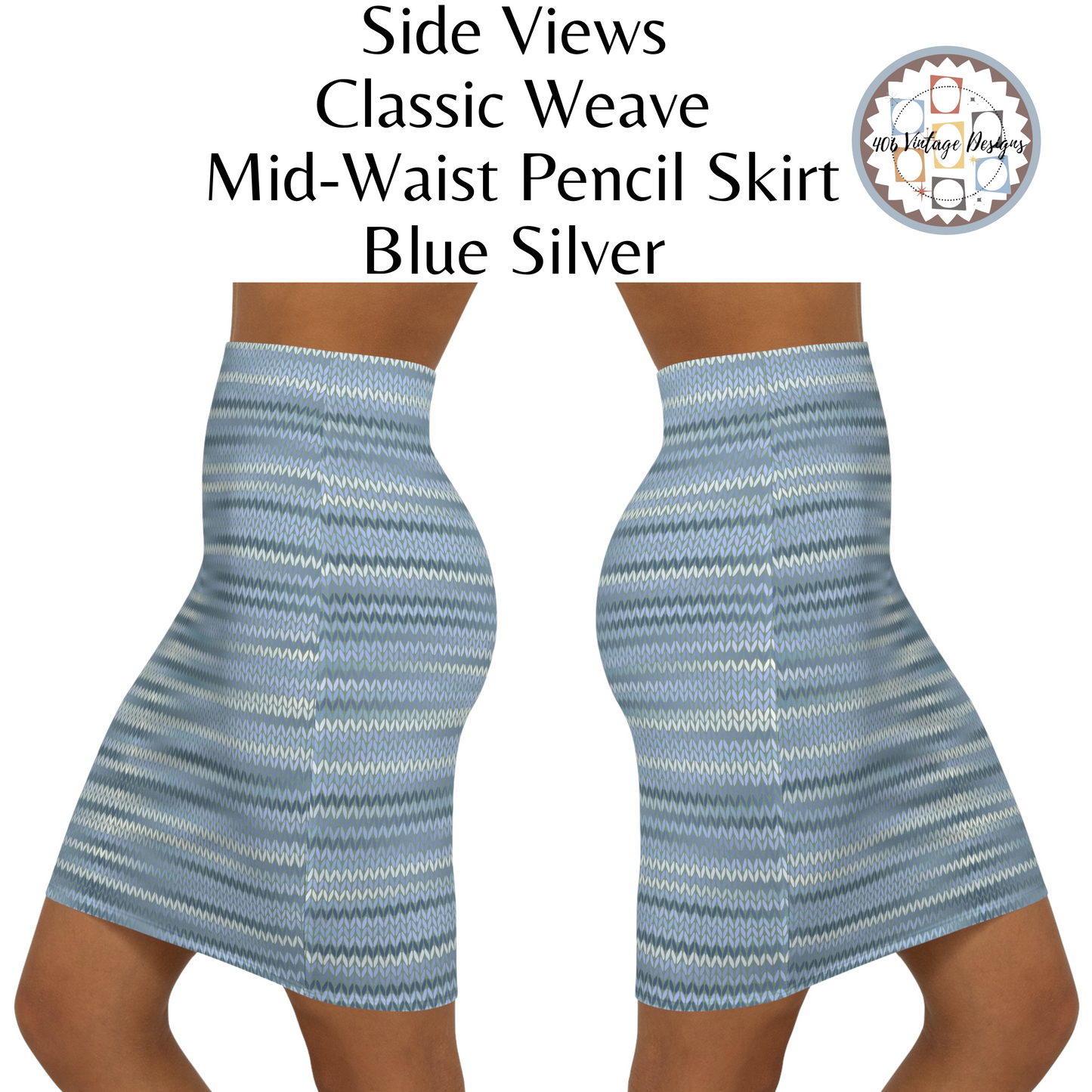Vintage Retro Classic Mid-Waist Blue Silver Weave Pencil Skirt