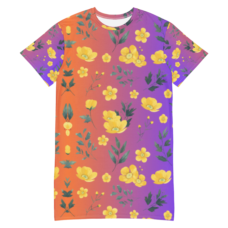 Sunset Bloom Orange To Purple Ombre Yellow Buttercup Flower T-Shirt Dress
