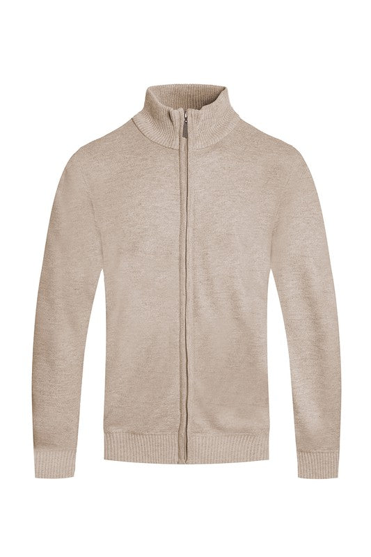 Retro Style Mens Solid Full Zip Sweater