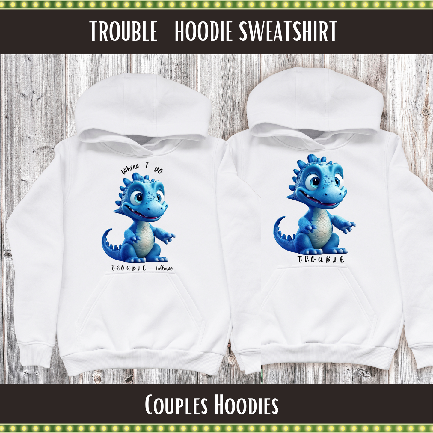 TROUBLE Couple Matching Blue Dino Hoodie Sweatshirt