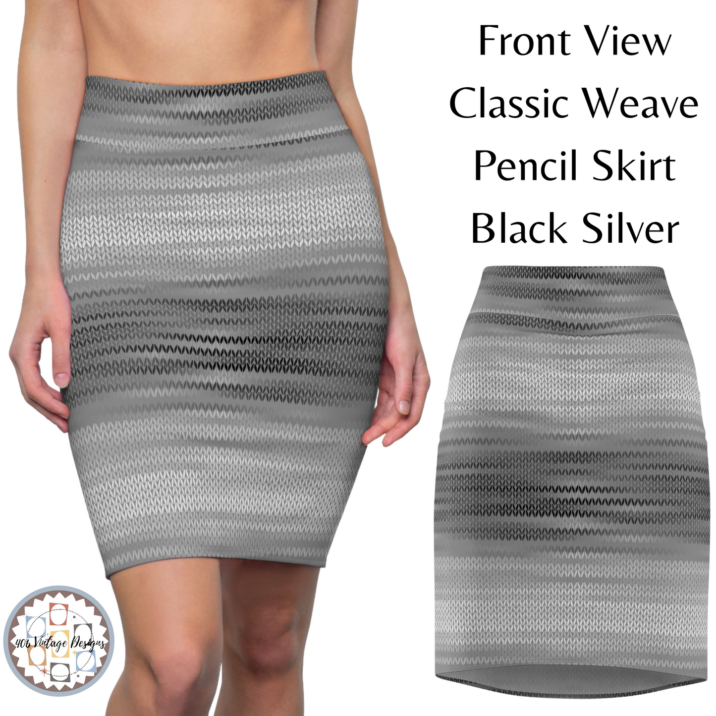 Vintage Retro Classic Black Silver Weave Pencil Skirt