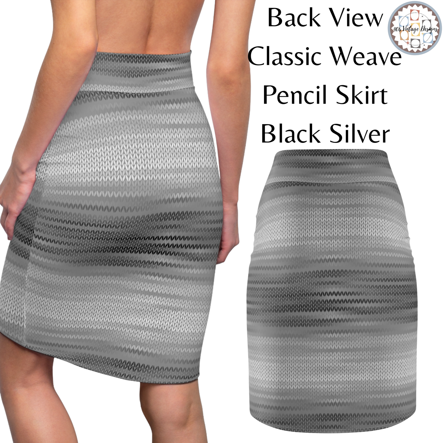 Vintage Retro Classic Black Silver Weave Pencil Skirt