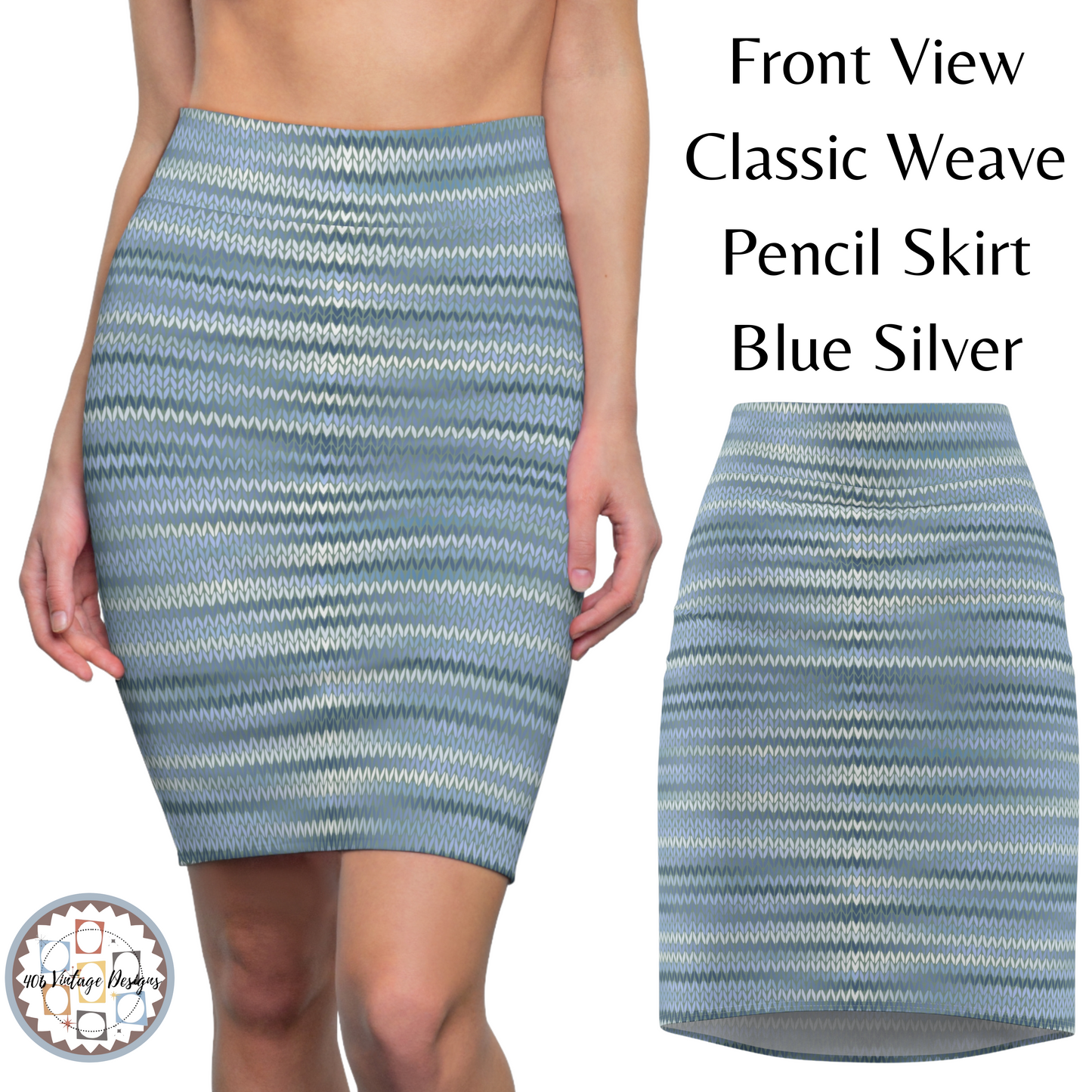 Vintage Retro Classic Blue Silver Weave Pencil Skirt