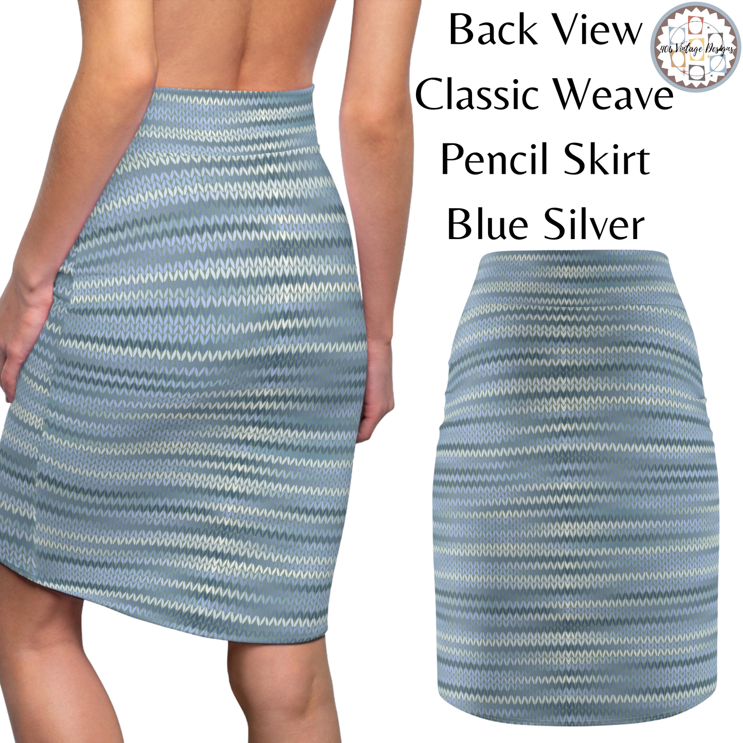 Vintage Retro Classic Blue Silver Weave Pencil Skirt