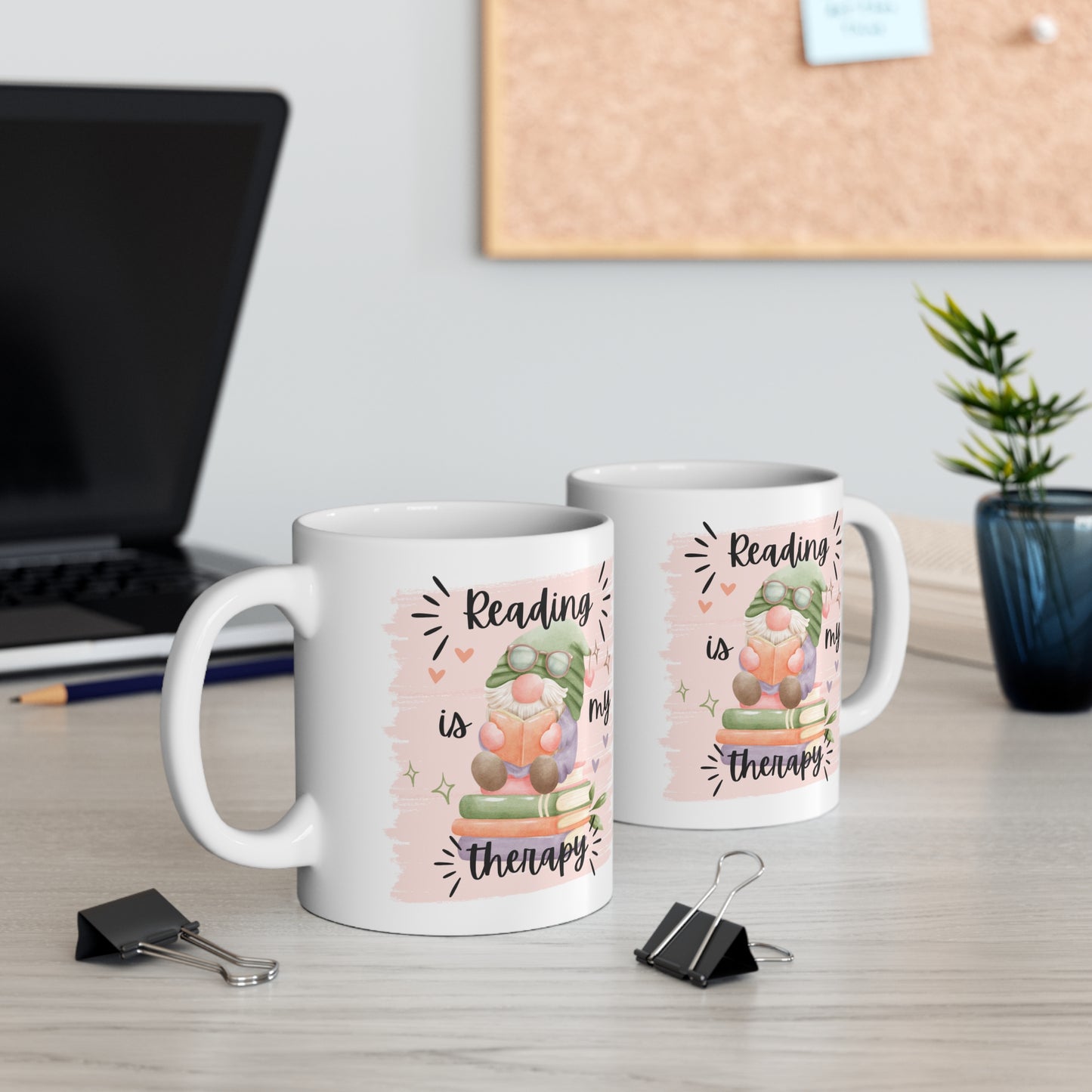 Reading Is My Therapy Ceramic Mug 11oz Watercolor Gnome