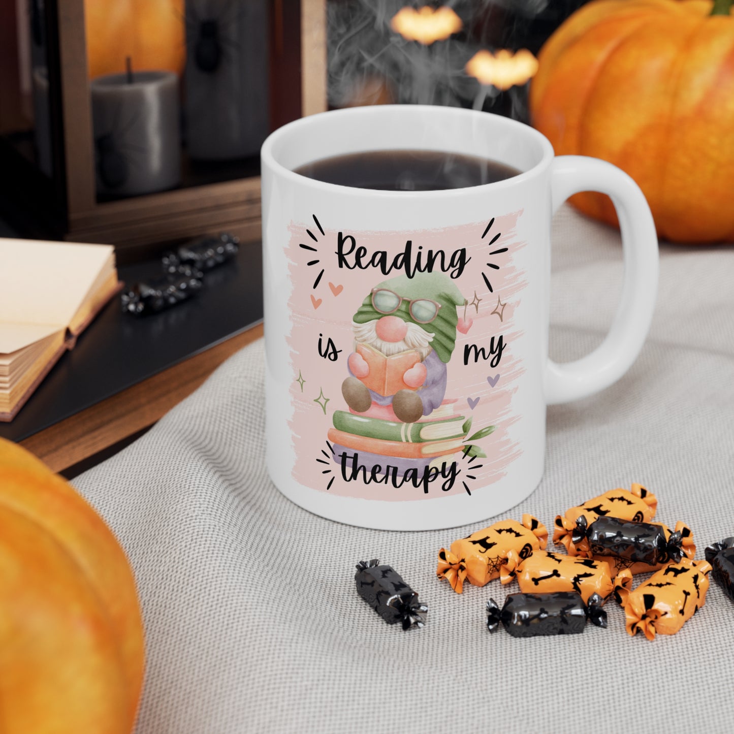 Reading Is My Therapy Ceramic Mug 11oz Watercolor Gnome