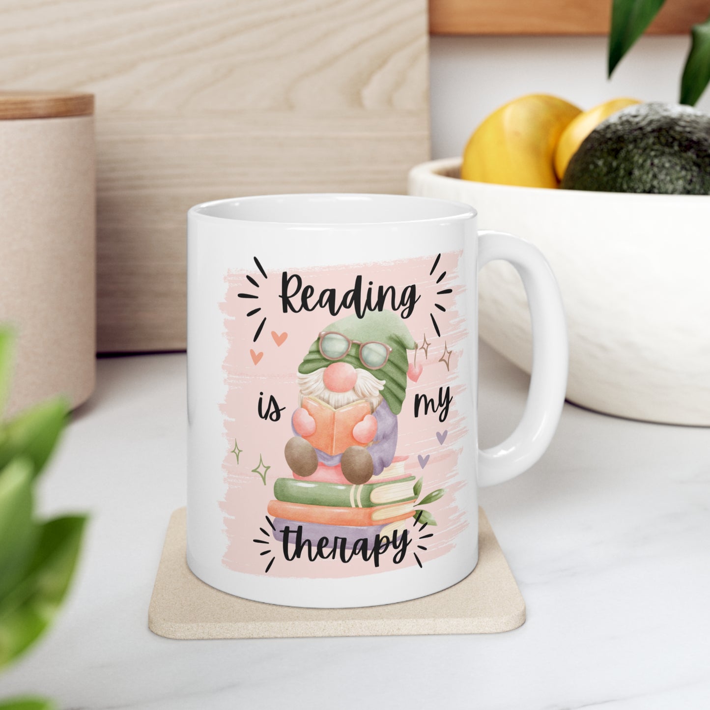 Reading Is My Therapy Ceramic Mug 11oz Watercolor Gnome