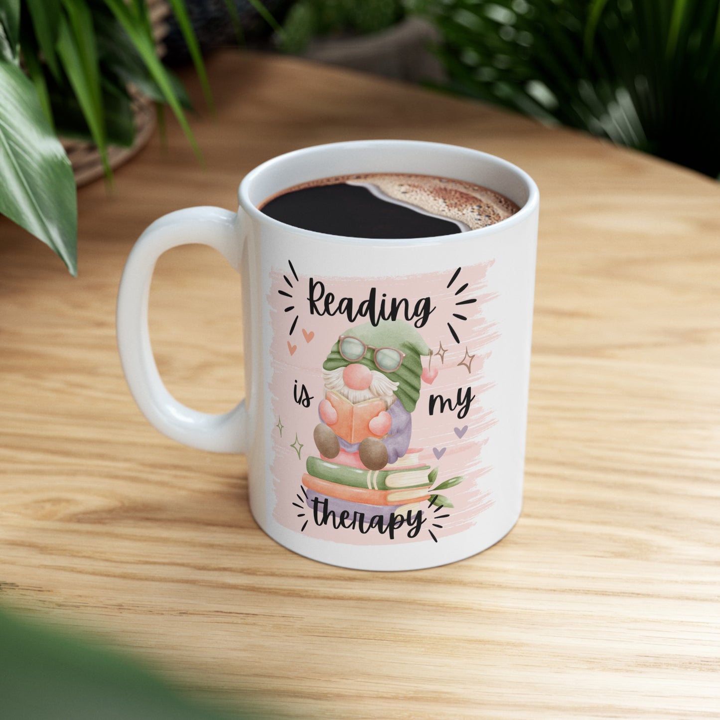 Reading Is My Therapy Ceramic Mug 11oz Watercolor Gnome