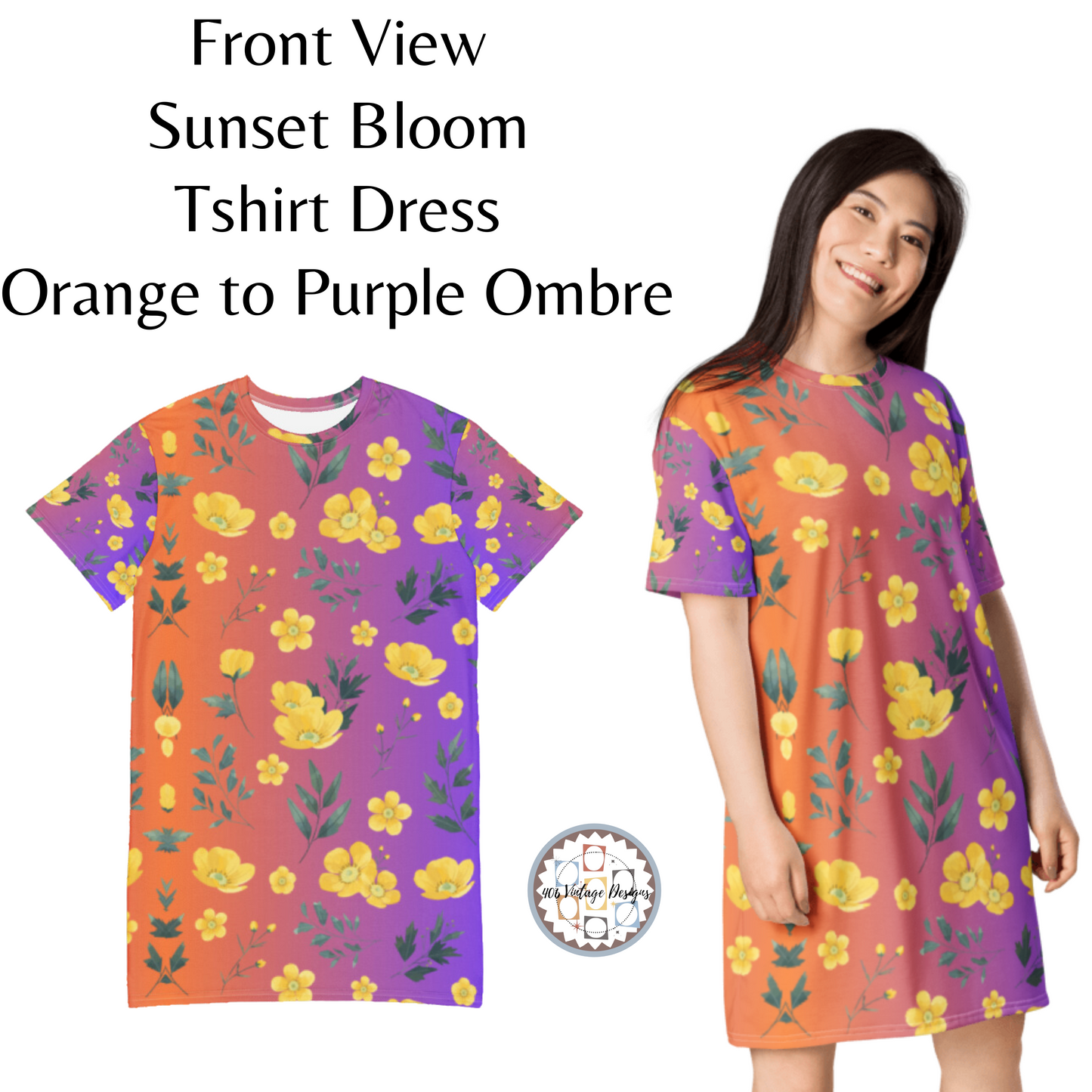 Sunset Bloom Orange To Purple Ombre Yellow Buttercup Flower T-Shirt Dress