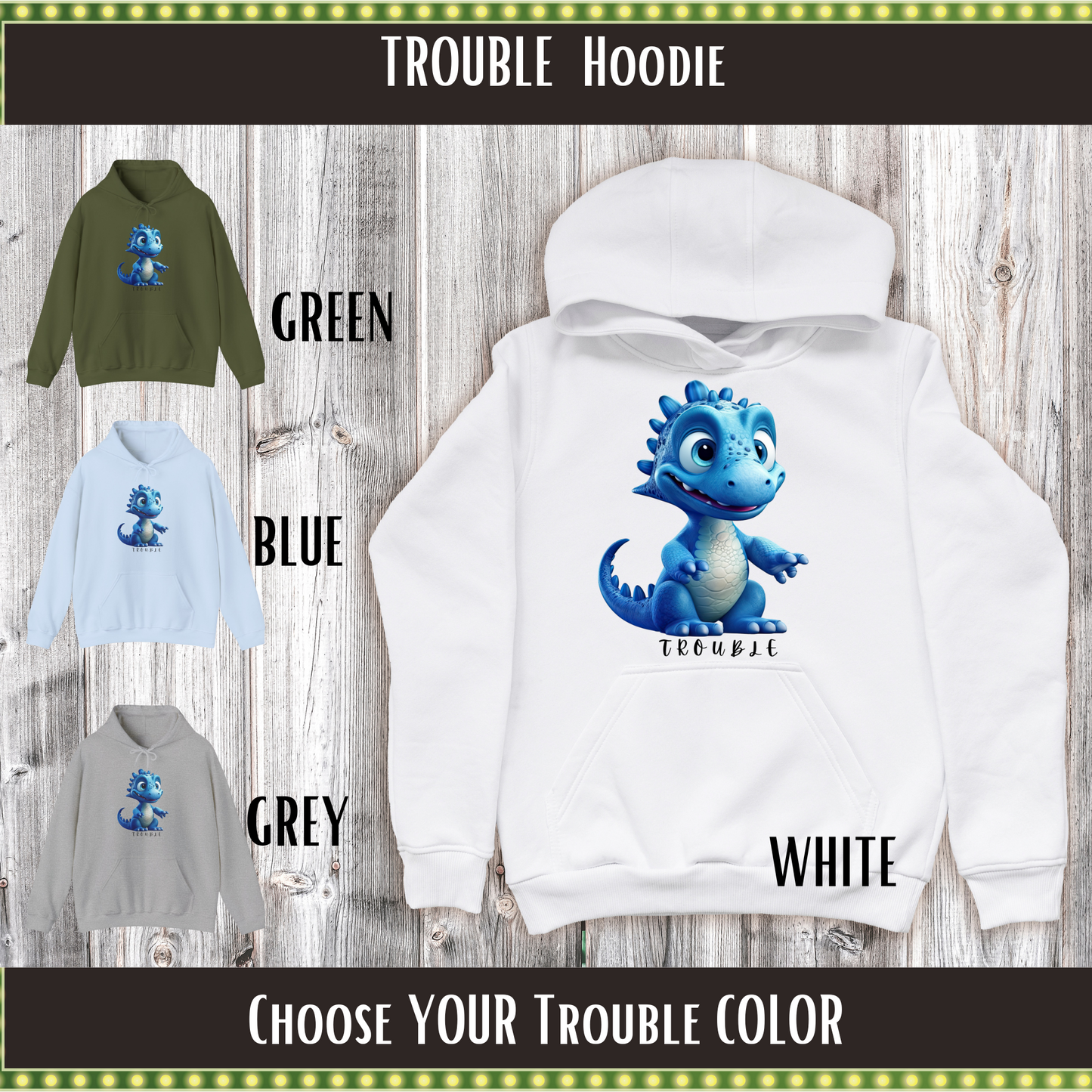 TROUBLE Couple Matching Blue Dino Hoodie Sweatshirt