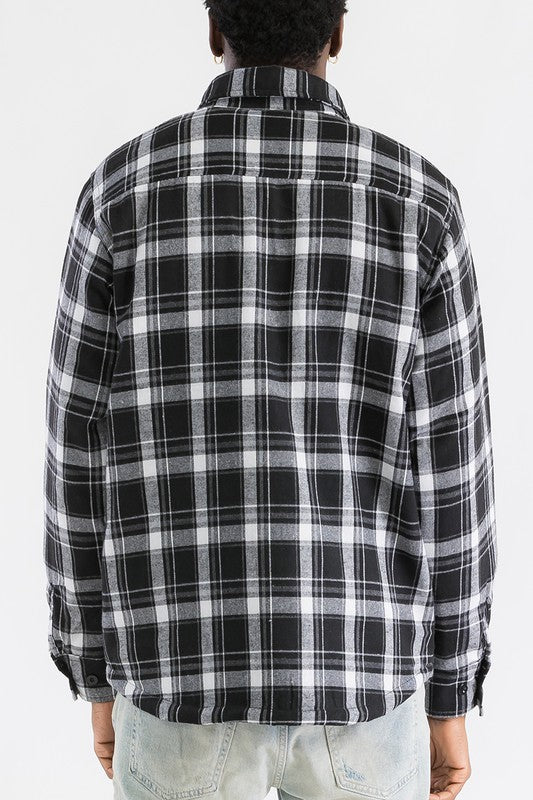 Mens Black White Quilted Padded Flannel