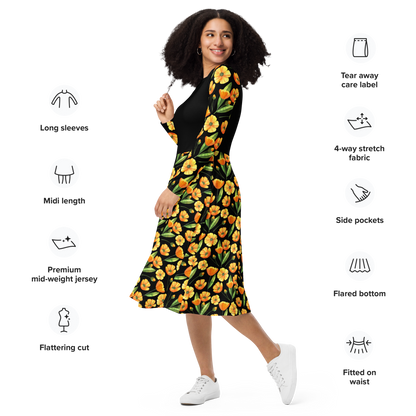 Chic Black Midi Dress With Yellow Buttercup Print Long Sleeve