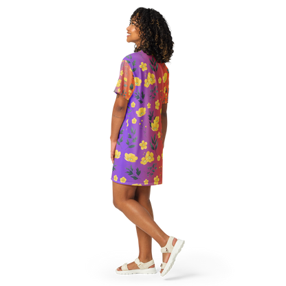 Sunset Bloom Orange To Purple Ombre Yellow Buttercup Flower T-Shirt Dress