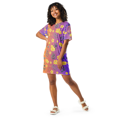 Sunset Bloom Orange To Purple Ombre Yellow Buttercup Flower T-Shirt Dress