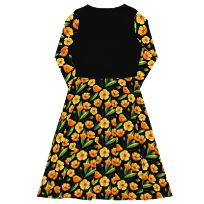 Chic Black Midi Dress With Yellow Buttercup Print Long Sleeve
