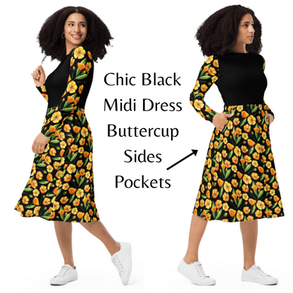Chic Black Midi Dress With Yellow Buttercup Print Long Sleeve