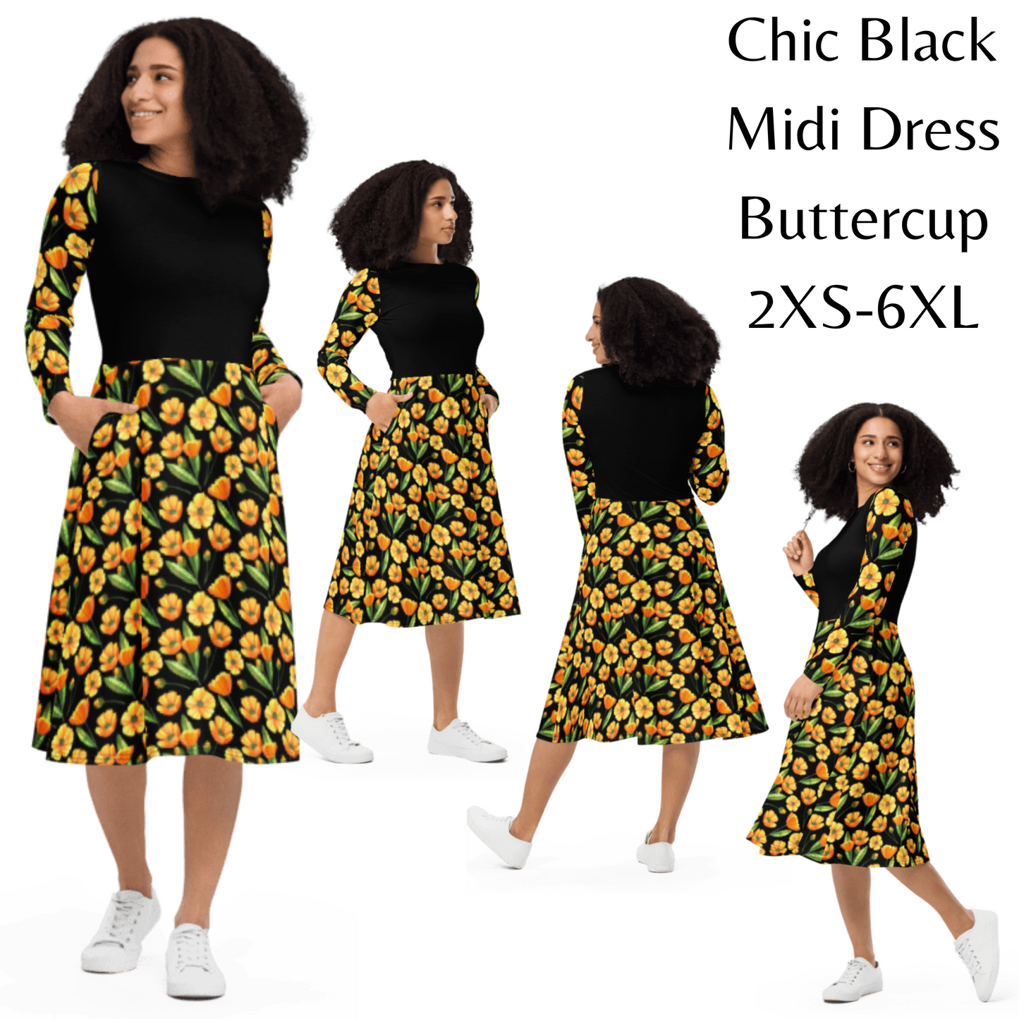 Chic Black Midi Dress With Yellow Buttercup Print Long Sleeve