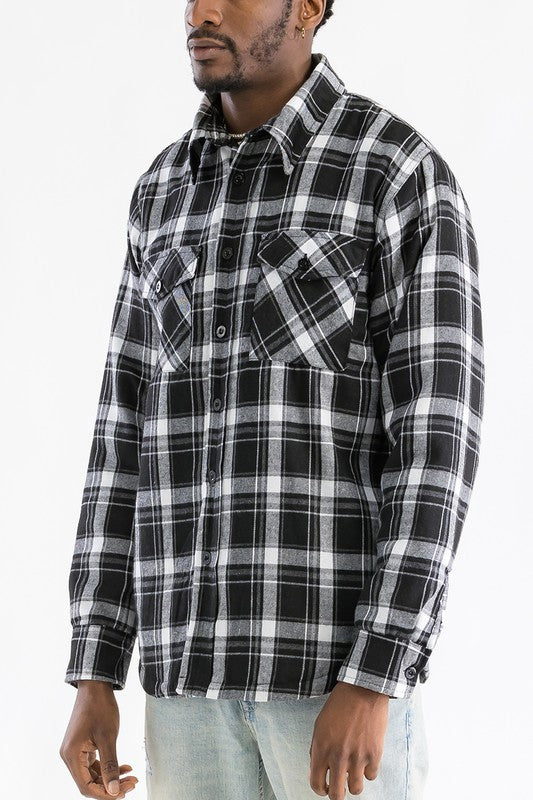 Mens Black White Quilted Padded Flannel