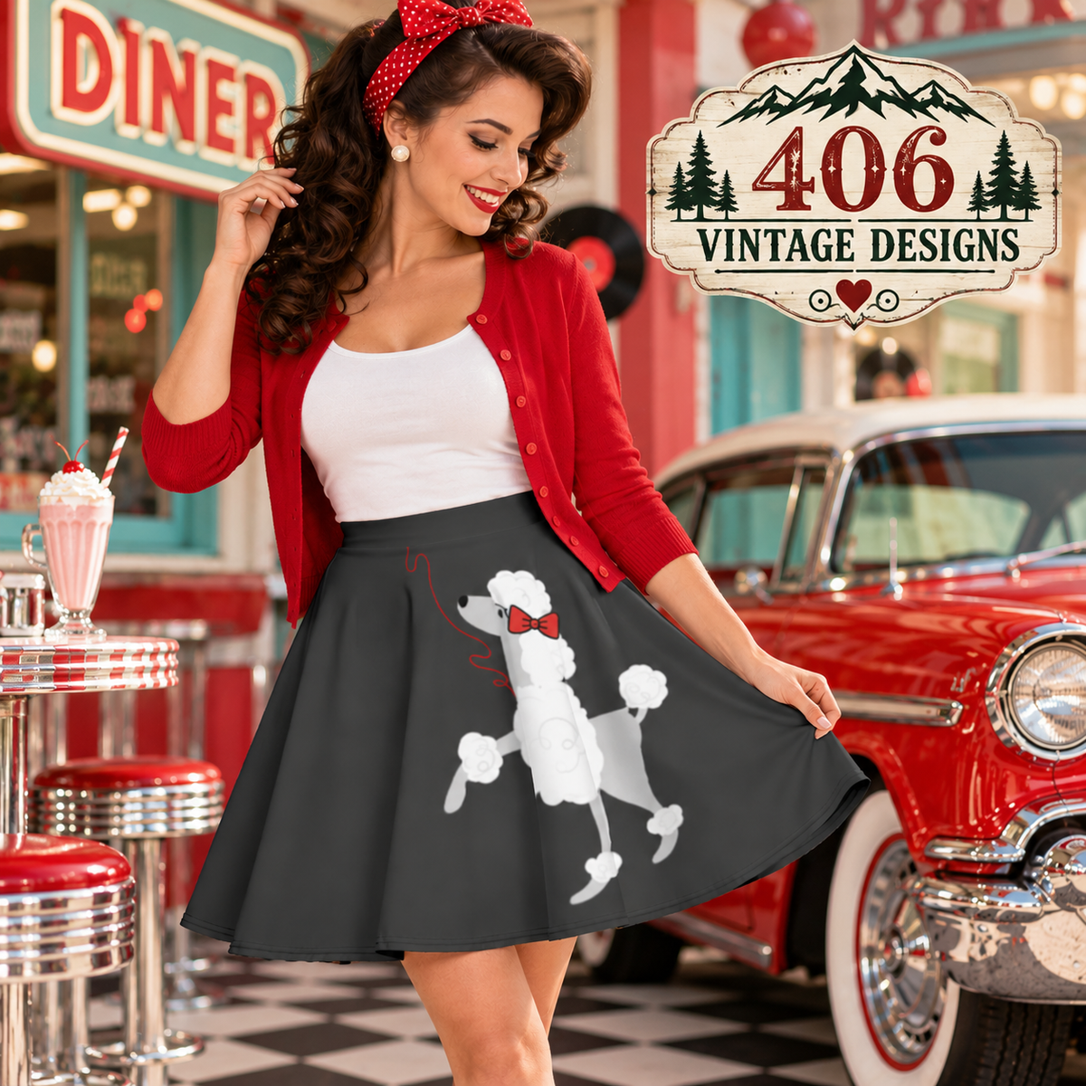 Grey Poodle Rockabilly 50s Skater Skirt