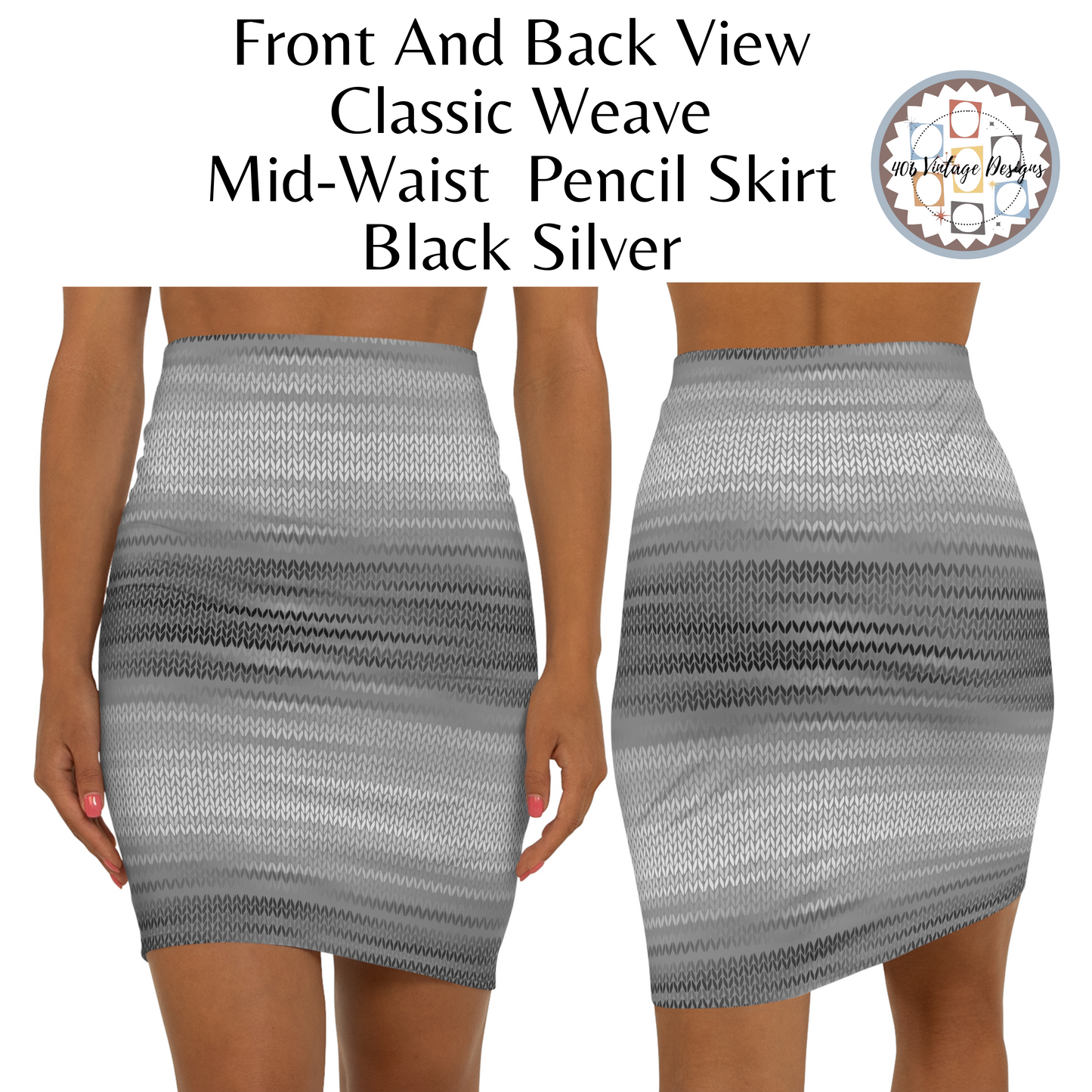 Vintage Retro Classic  Mid-Waist Black Silver Weave Pencil Skirt