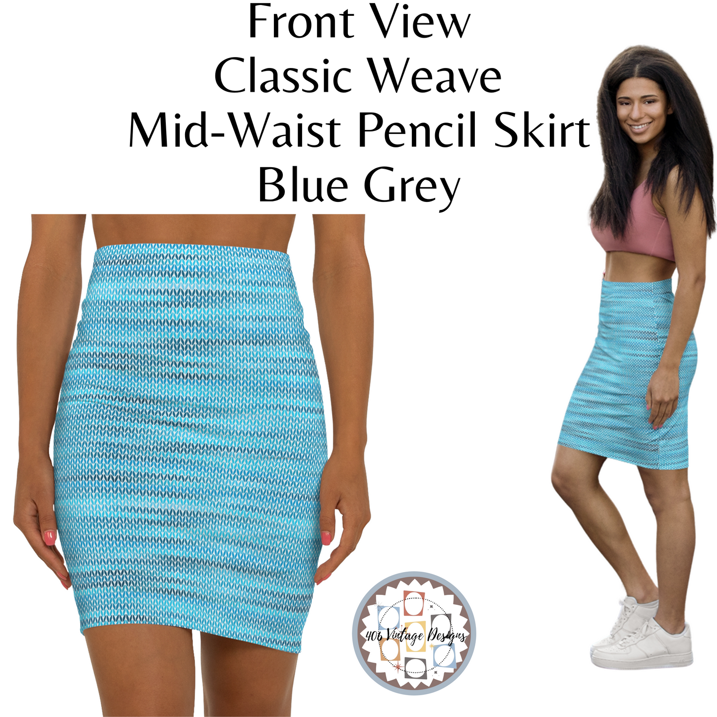 Vintage Retro Classic Mid-Waist Blue Grey Weave  Pencil Skirt