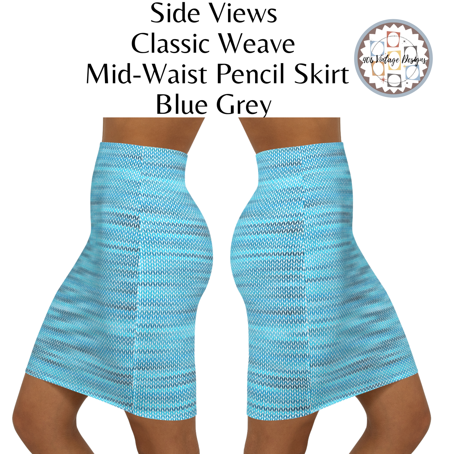 Vintage Retro Classic Mid-Waist Blue Grey Weave  Pencil Skirt