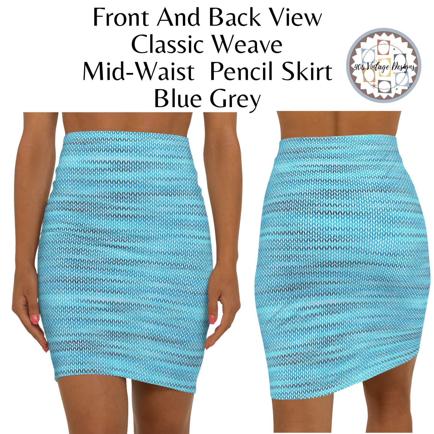 Vintage Retro Classic Mid-Waist Blue Grey Weave  Pencil Skirt