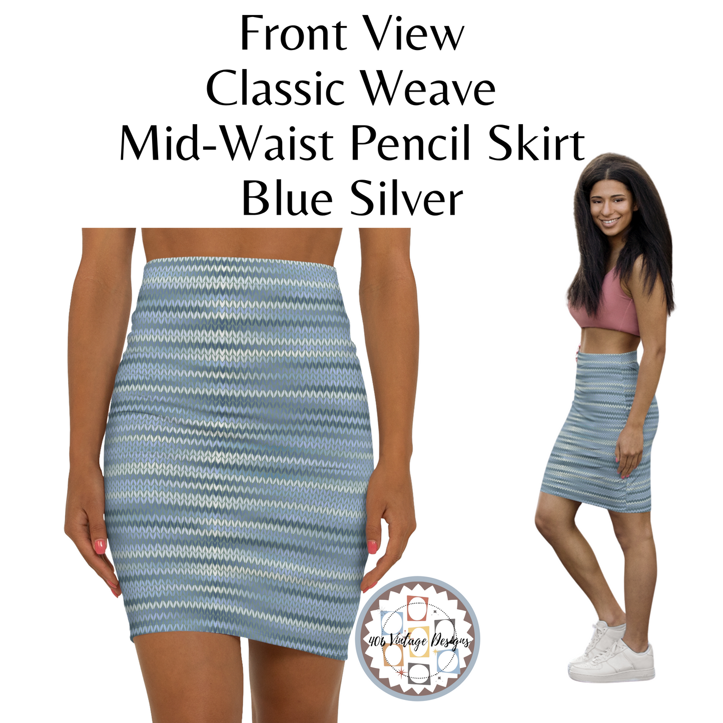 Vintage Retro Classic Mid-Waist Blue Silver Weave Pencil Skirt