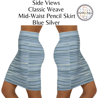 Vintage Retro Classic Mid-Waist Blue Silver Weave Pencil Skirt