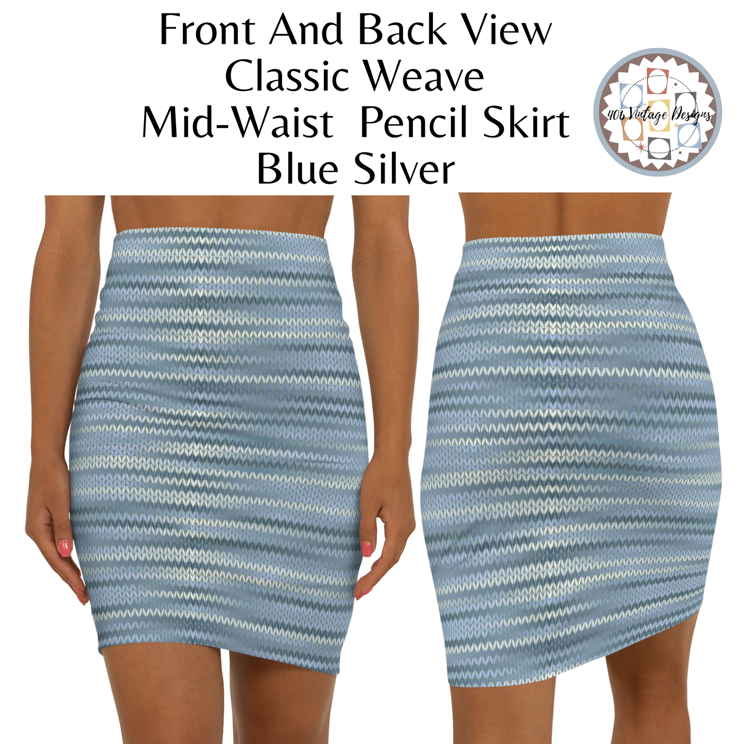 Vintage Retro Classic Mid-Waist Blue Silver Weave Pencil Skirt