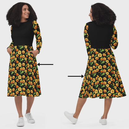 Chic Black Midi Dress With Yellow Buttercup Print Long Sleeve