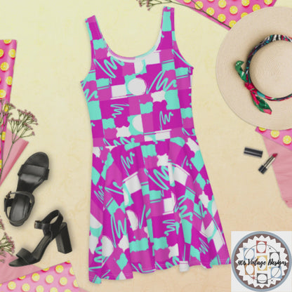Fit Flare Skater Dress In  Fuchsia Abstract Design
