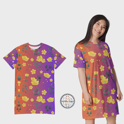 Sunset Bloom Orange To Purple Ombre Yellow Buttercup Flower T-Shirt Dress