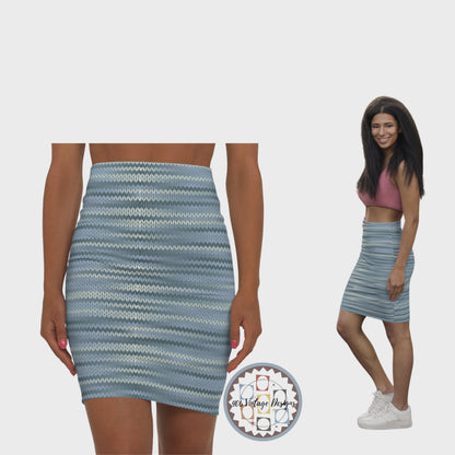 Vintage Retro Classic Mid-Waist Blue Silver Weave Pencil Skirt