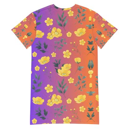 Sunset Bloom Orange To Purple Ombre Yellow Buttercup Flower T-Shirt Dress