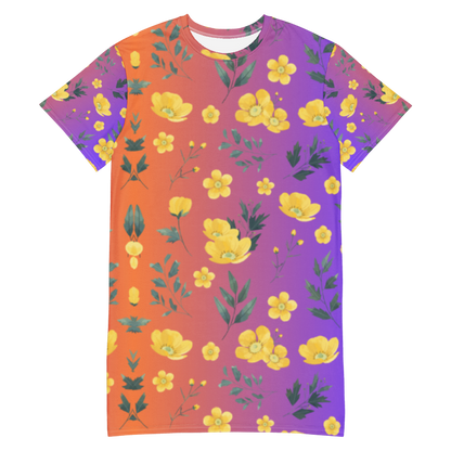 Sunset Bloom Orange To Purple Ombre Yellow Buttercup Flower T-Shirt Dress