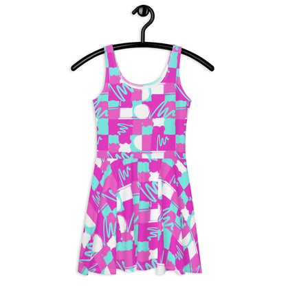 Fit Flare Skater Dress In  Fuchsia Abstract Design