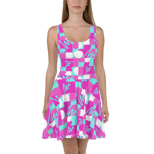 Fit Flare Skater Dress In  Fuchsia Abstract Design